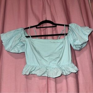 Zara Mint Blue Puff Sleeve Ruffle Crop Top
